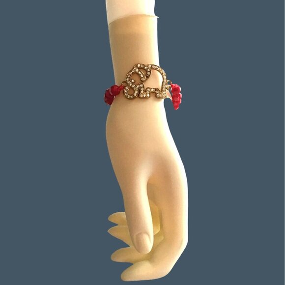 WOMENS RED BEADS WITH ELEPHAN CHARM ADJUSTABLE BRACELET - Picture 2 of 4